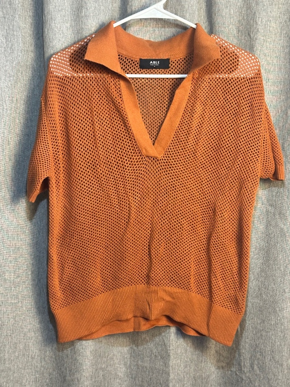 ABLE Rust Orange Open Mesh Knit Short Sleeve Johnny Collar Polo Sweater - Medium